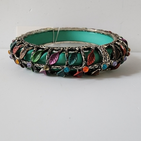 NWT Turquoise Antique Metal Leaf Crystal Tube Beaded Bangle Bracelet - Picture 3 of 8